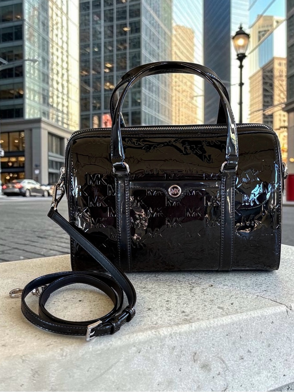 Michael Kors Black Patent Embossed Monogram Satchel
